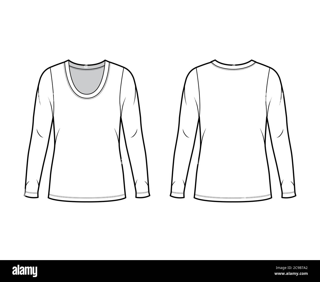 Jersey-Pullover mit U-Ausschnitt und technischer Fashion-Illustration mit langen Ärmeln, übergroßem Body, Tunika-Länge. Flatshirt Bekleidung Vorlage vorne hinten weiß Farbe. Frauen Männer Unisex Outfit top CAD mockup Stock Vektor