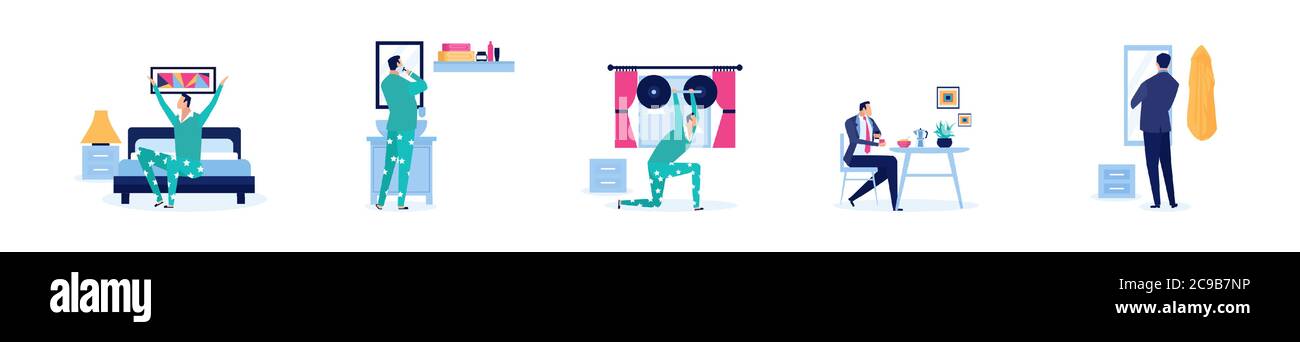 Vektor eines täglichen täglichen morgendlichen Routine eines geschäftigen Geschäftsmann Stock Vektor