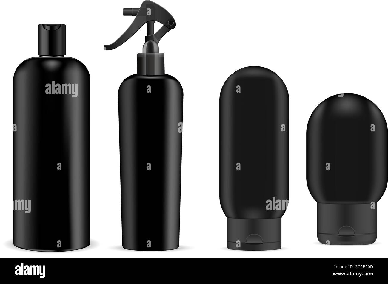 Big Black Kosmetik Sprayer und Shampoo-Flaschen Mockup Set schwarzen Pumpe Spender und Deckel. Realistisches Vektorillustrationspaket. Stock Vektor