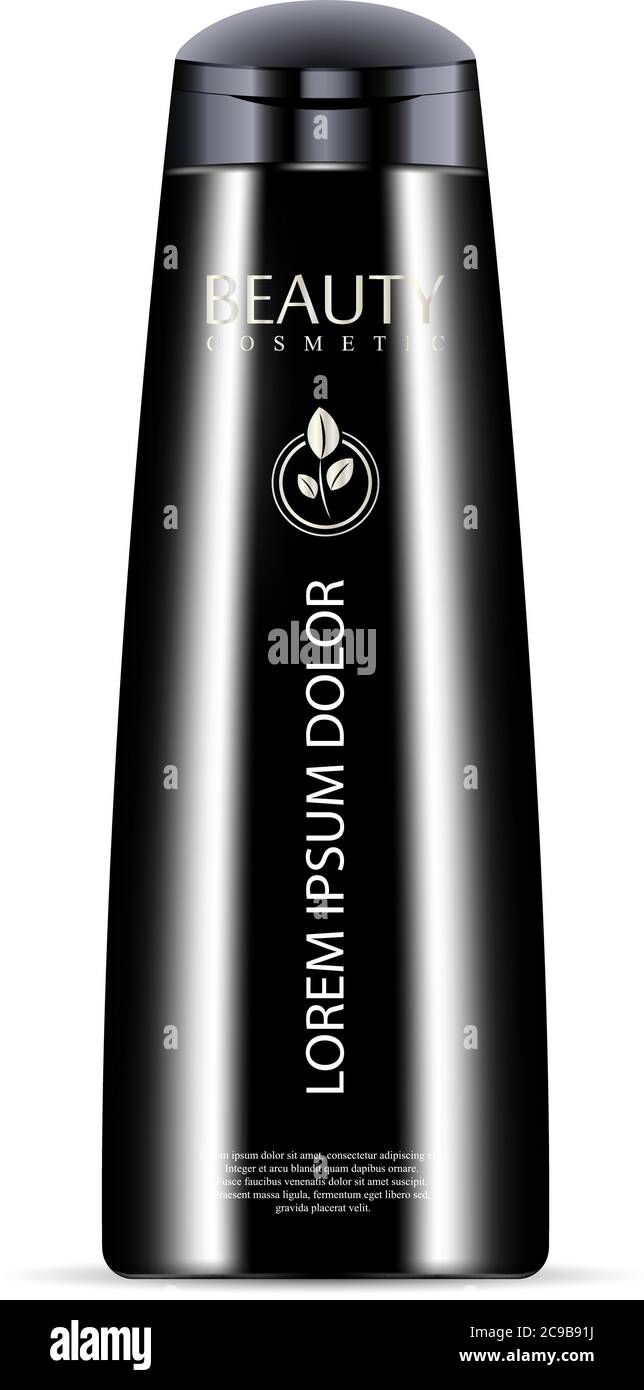 Schwarze Kosmetikflasche für Shampoo, Duschgel. Luxus-Kosmetik-Produkt mit  Etikett und Muster-Logo. Vektordarstellung Stock-Vektorgrafik - Alamy