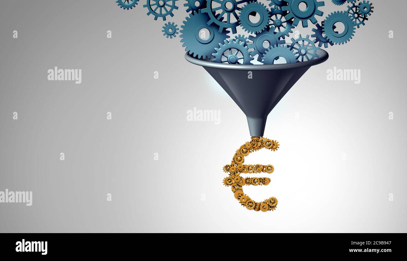 Europäisches Geschäftskonzept und europäische Wirtschaftsstrategie als Getriebe und Zahnräder in Form einer Euro-Währung als 3D-Illustration. Stockfoto