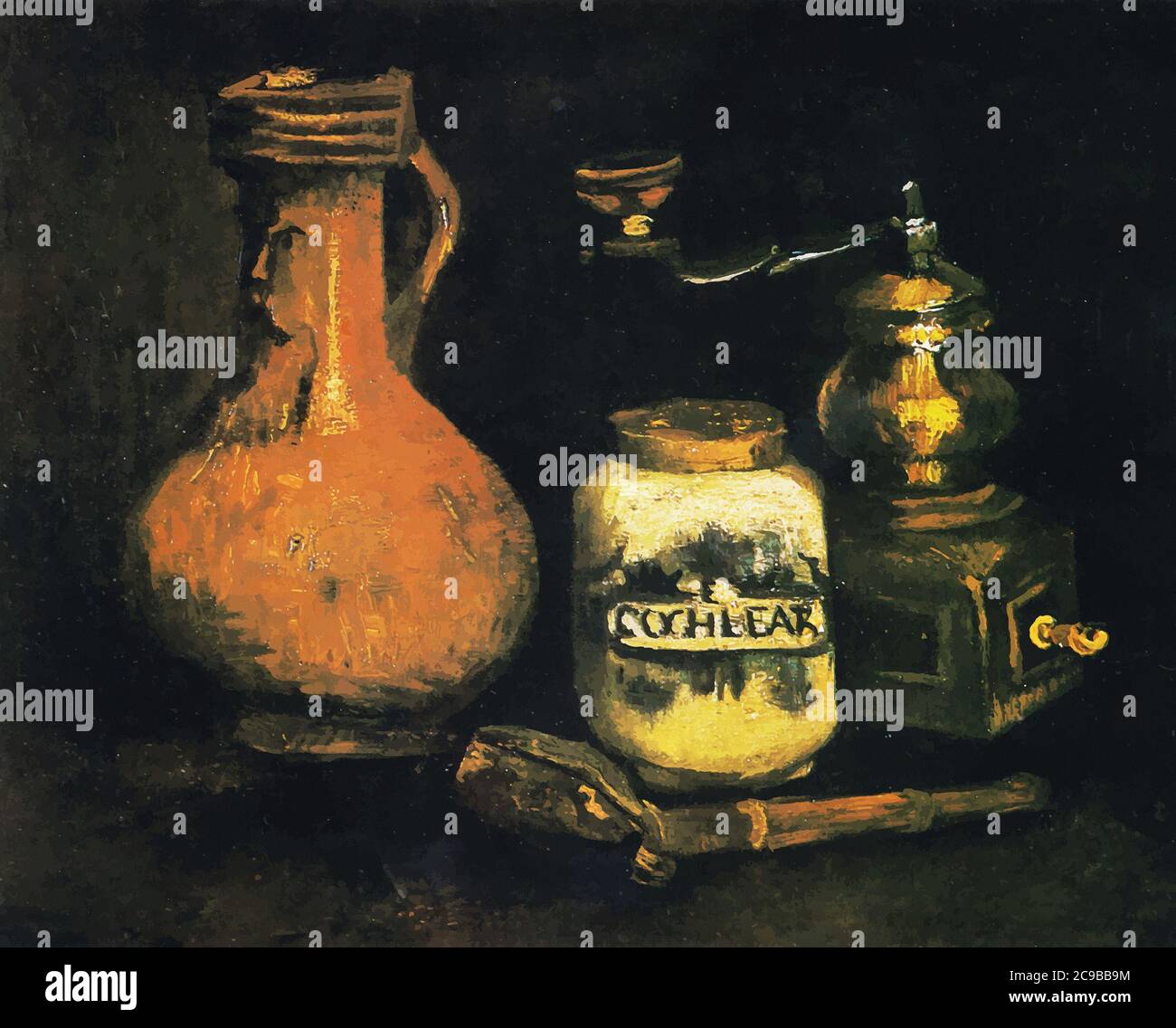 Mein Digital veränderte das Stillleben mit Kaffeemühle, Pfeife und Krug von Vincent Van Gogh 1884. Das Kroller-Muller Museum in Otterlo, Niederlande Stockfoto