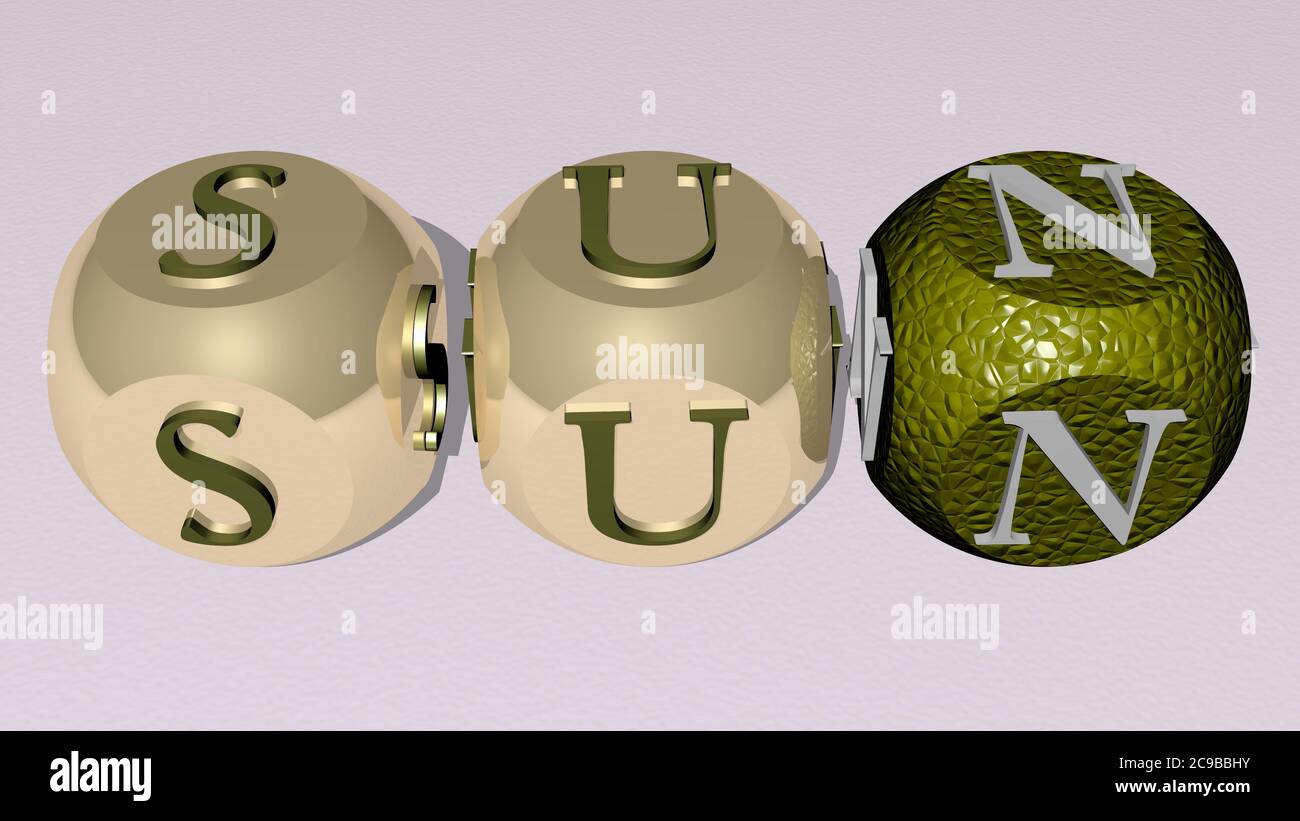 Kreuzworträtsel der Sonne angeordnet durch kubische Buchstaben auf einem Spiegelboden, Konzept Bedeutung und Präsentation. Hintergrund und Illustration. 3D-Illustration Stockfoto