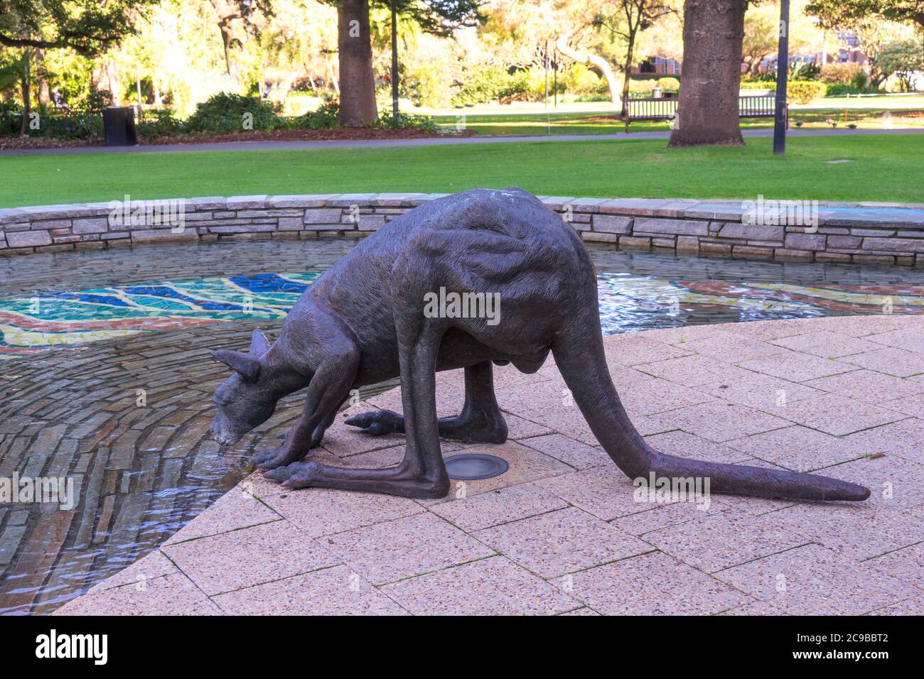 Perth, Western Australia - Jun, 2020: Kängurus in der Stadt. Bronzeskulptur von großen männlichen Western Grey Kängurus trinken aus Brunnen. Von Charle Sm Stockfoto