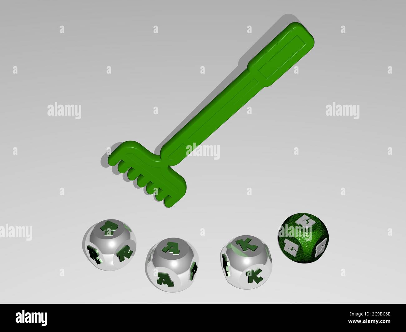 3D-Illustration von RAKE-Grafiken und Text rund um das Symbol durch metallische Würfel Buchstaben für die damit verbundenen Bedeutungen des Konzepts und Präsentationen gemacht. Garten und Landwirtschaft Stockfoto