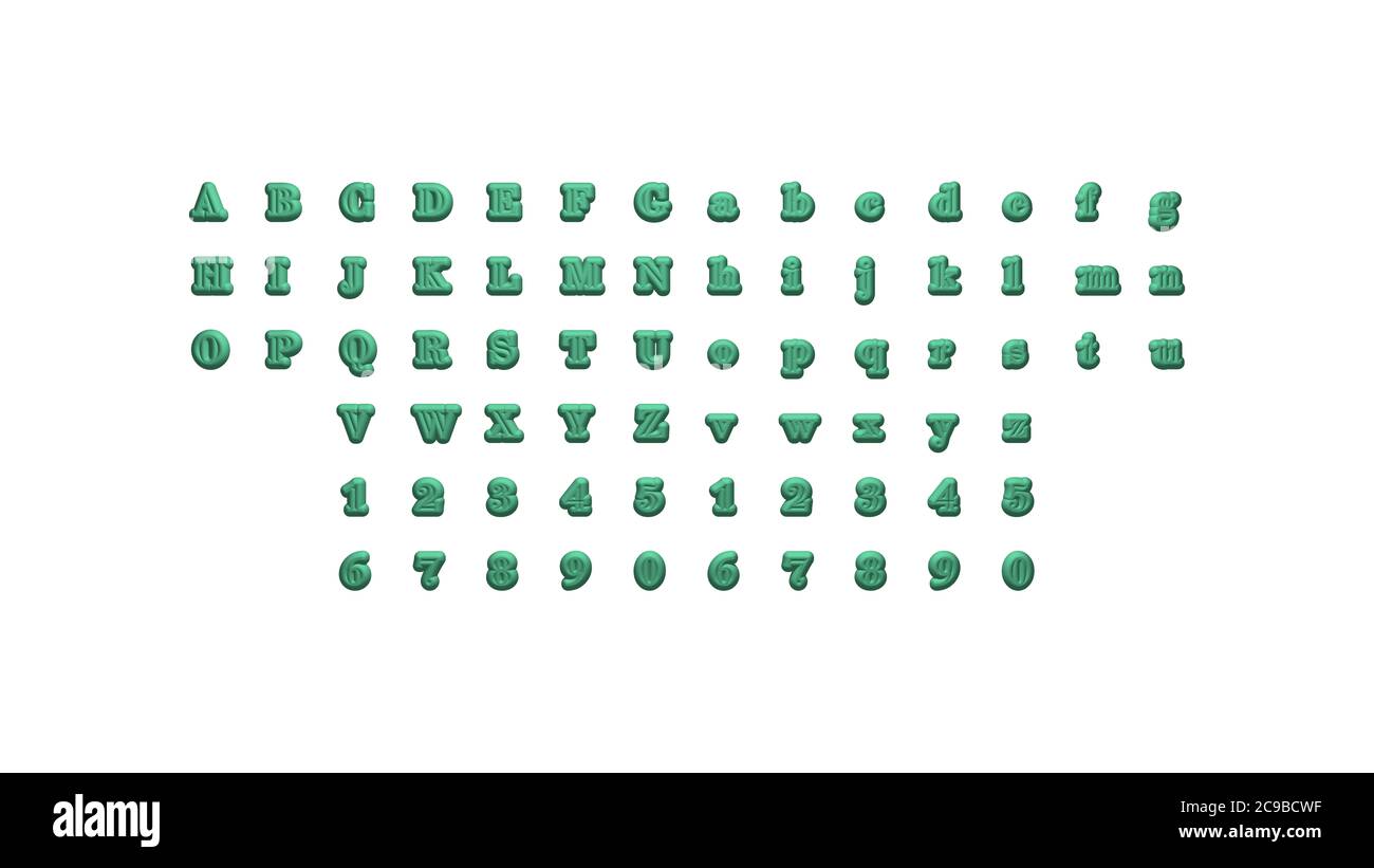 Vollständiger Satz englischer Buchstaben in 3D-Illustrationen, die auf zwei Seiten getrennt sind, um Perspektiven, Lichteinschlüsse und Schatten für realistische Kombinationen auf weißem Hintergrund zu erhalten Stockfoto