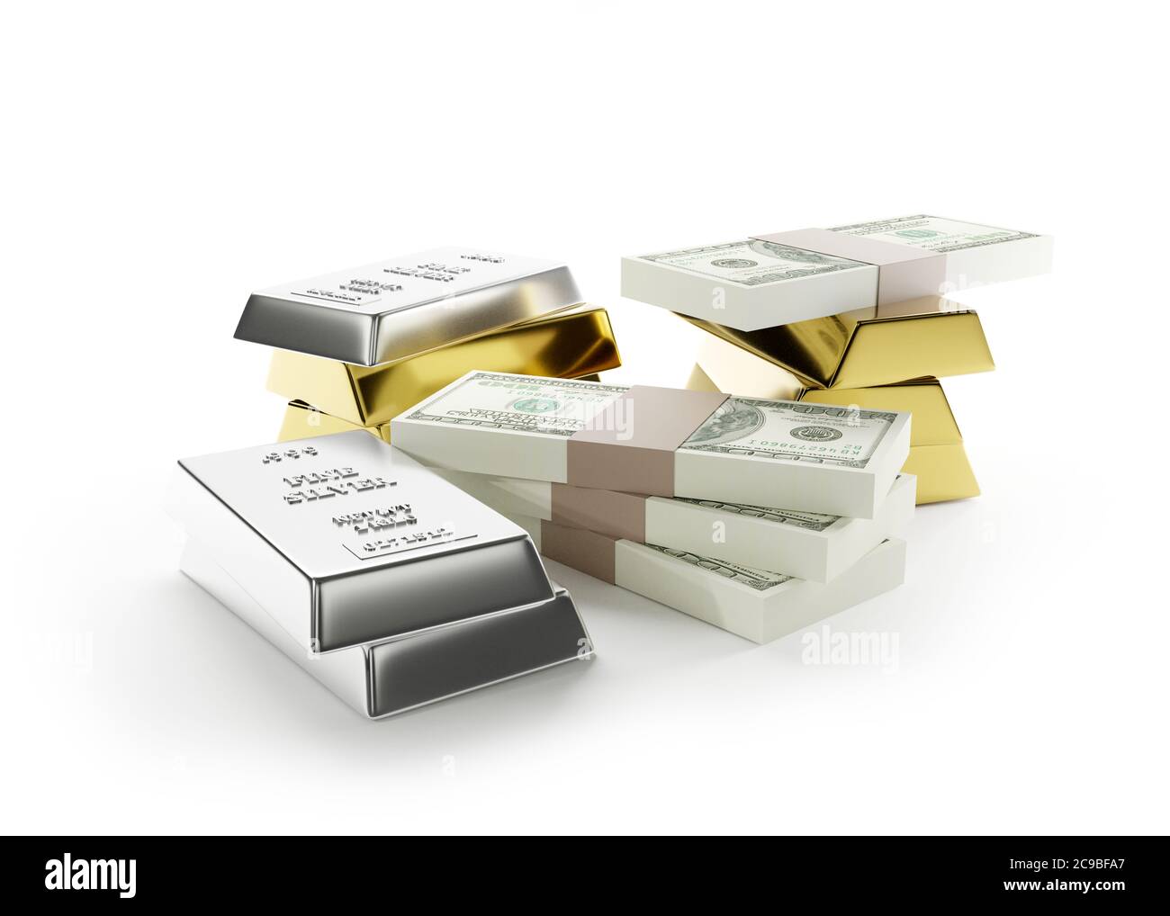 Wert von Gold, Silber und Währung, Hauptakteure der Weltwirtschaft. Analyse und Strategie im Finanzgeschäft. Economy-Konzept in 3D-Darstellung Stockfoto