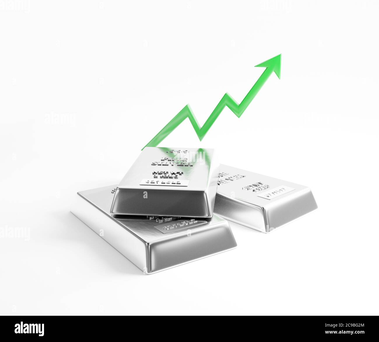 Nahaufnahme von Silberbarren oder Barren in der Bank mit einer zunehmenden statistischen Grafik, isoliert auf weißem Hintergrund. Edelmetall.3D-Illustration Stockfoto