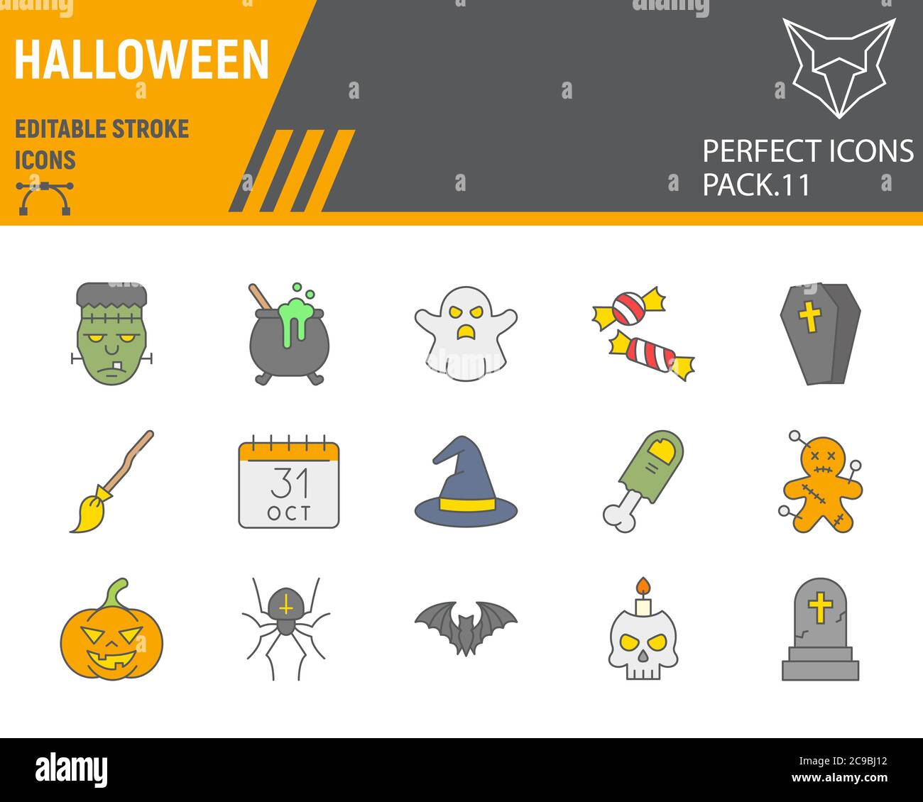 Halloween Farbe Linie Symbol-Set, Urlaub Symbole Sammlung, Vektor-Skizzen, Logo-Illustrationen, halloween-Symbole, Horror-Zeichen gefüllt Umriss Stock Vektor