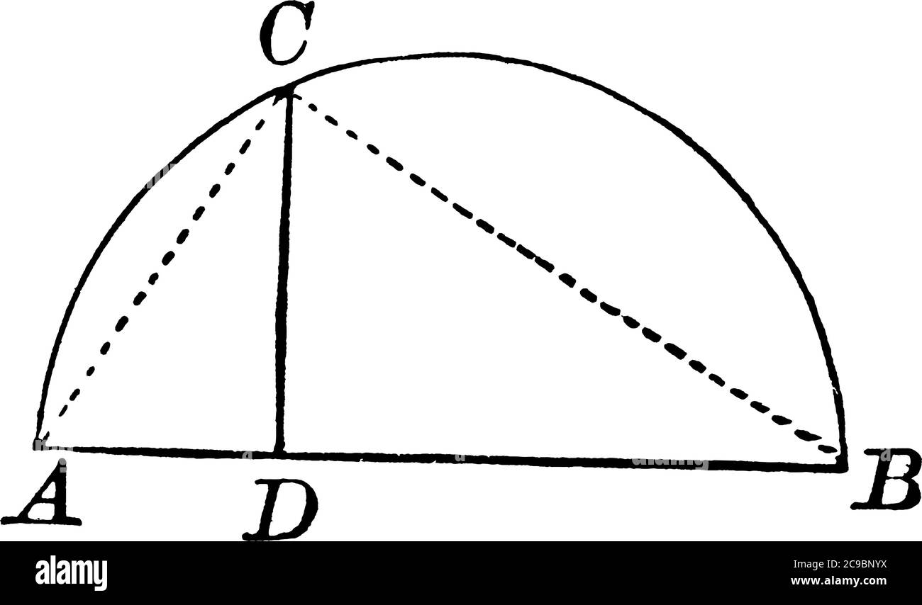 Rechtes Dreieck CDB in Halbkreis eingeschrieben, Durchmesser eines Kreises ist das mittlere Proportionalverhältnis zwischen den Segmenten des Durchmessers, Vintage-Linie Zeichnung o Stock Vektor