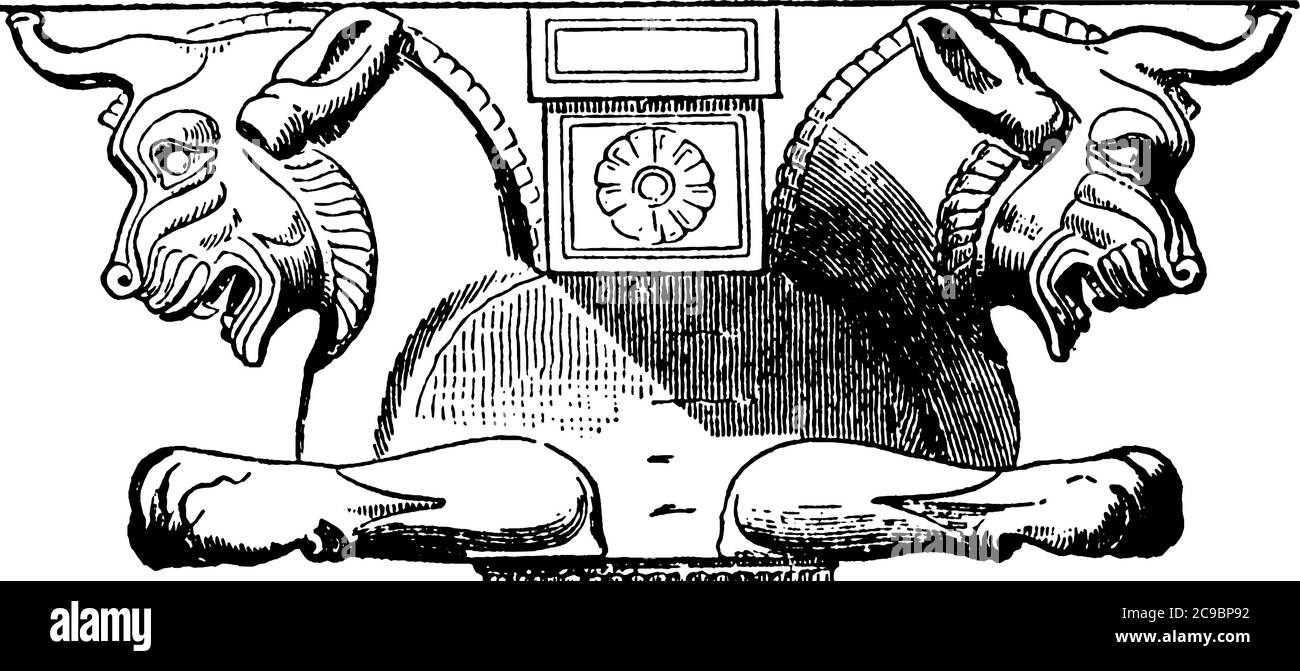 Eine Säule der Großen Halle von Xerxes mit 2-seitigen Löwenköpfen auf der Oberseite, Vintage-Linienzeichnung oder Gravur Illustration. Stock Vektor