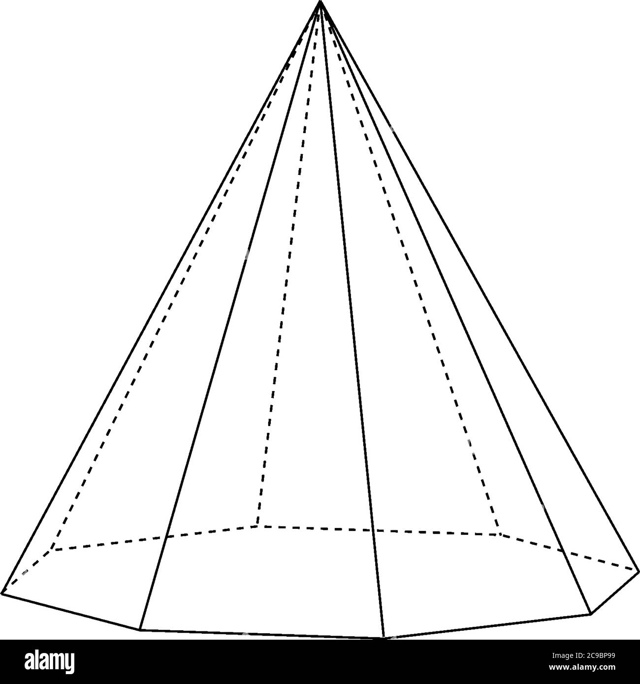 Geometrische Konstruktion einer rechten achteckigen Pyramide mit versteckten Kanten dargestellt. Die Basis ist ein Achteck und die Gesichter sind gleichschenklige Dreiecke, vintage lin Stock Vektor