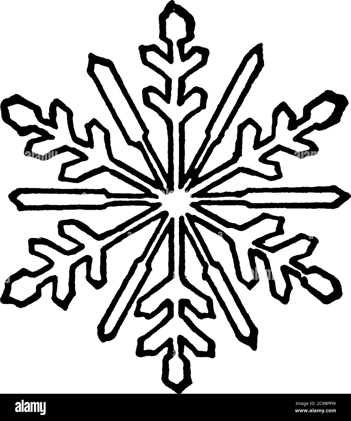 Ein federleichtes Eiskristall, die Schneeflocke, zeigt eine zarte sechsfache Symmetrie, vintage Linie Zeichnung oder Gravur Illustration. Stock Vektor