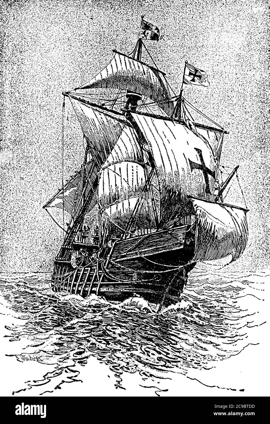 Eine typische Darstellung der Santa Maria, einem Schiff, das mit Columbus nach Amerika kam, Vintage-Linienzeichnung oder Gravurillustration. Stock Vektor