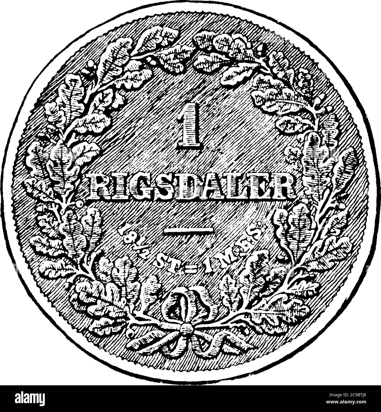 Rix Dollar, die Rückseite einer großen Silbermünze verwendet während des achtzehnten Jahrhunderts, Rigsdaler von Dänemark, graviert mit Bezeichnung und Designs, Jahrgang Stock Vektor