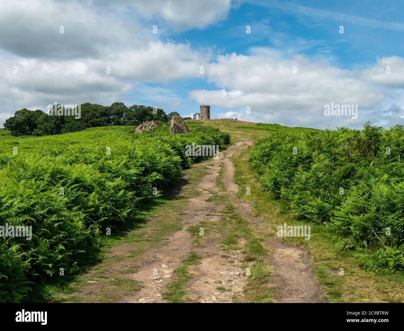 Fußweg zum Gipfel des Bradgate Hill und Old John Folly im Sommer, Bradgate Park, Leicestershire, England, Großbritannien Stockfoto