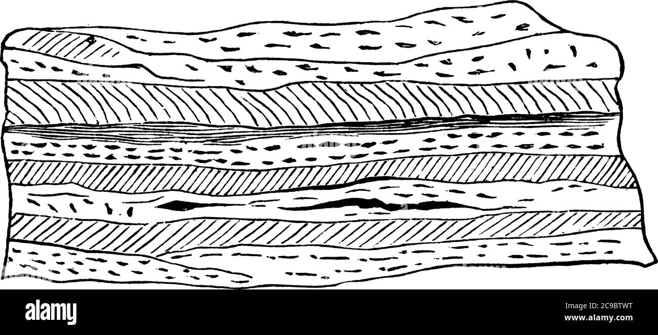 Stratified Rocks bestehen aus älteren Steinen, Vintage-Linienzeichnung oder Gravurillustration. Stock Vektor