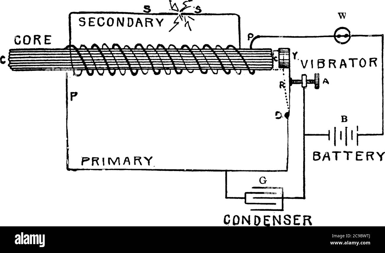 Diagramm einer Vibratorspule, deren Teile beschriftet sind, A, B, C, D, G, P, S, W und Y, die, Kontaktschraube, Batterie, Kern, Vibratorklemme, kond Stock Vektor