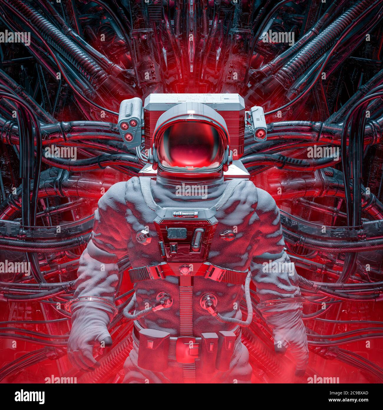 Lair der Maschine / 3D-Illustration von Science-Fiction-Astronaut Erforschung Alien Raumschiff Innenraum Stockfoto