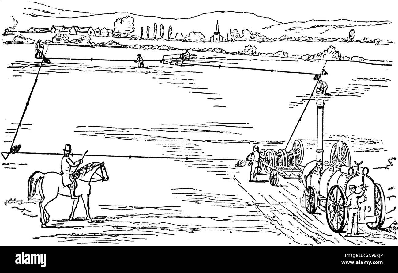 Eine Illustration eines Mannes, der auf einem Pferd reitet, ein paar Männer auf der Farm beobachtet, die den Dampfkultivator des Schmieds betreiben, eine Dampfmaschine, die zum Pflügen verwendet wird Stock Vektor