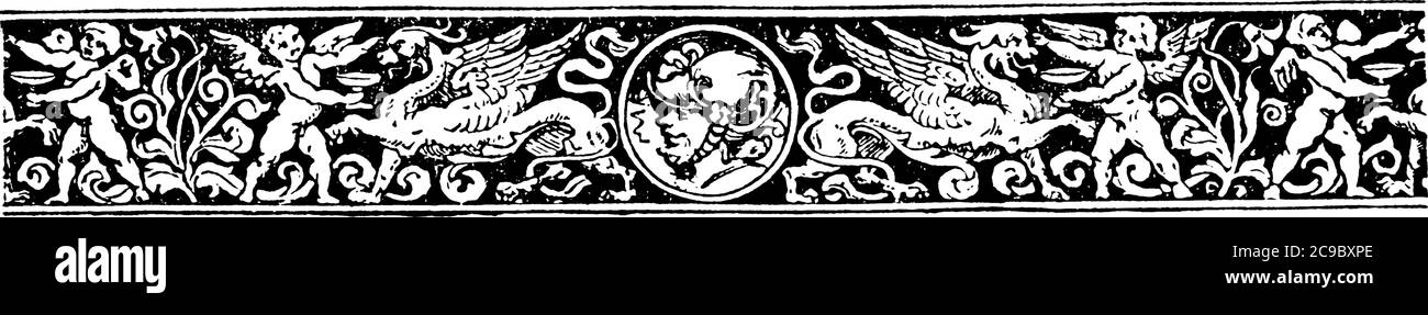 Verzierte Trennwand mit regelmäßigen, kräftigen Mustern in der Mitte, Löwengesicht und Adlerkopf, Putten, wiederholten Mustern und Blumenschmuck am Horizont Stock Vektor