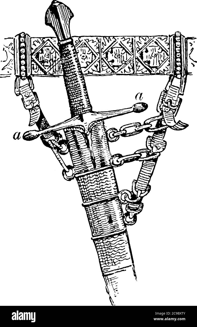 Schwertgriff, hier gezeigt ist einer der Arme oder Zweige des Querschutzes eines Schwertes, Vintage-Linie Zeichnung oder Gravur Illustration. Stock Vektor