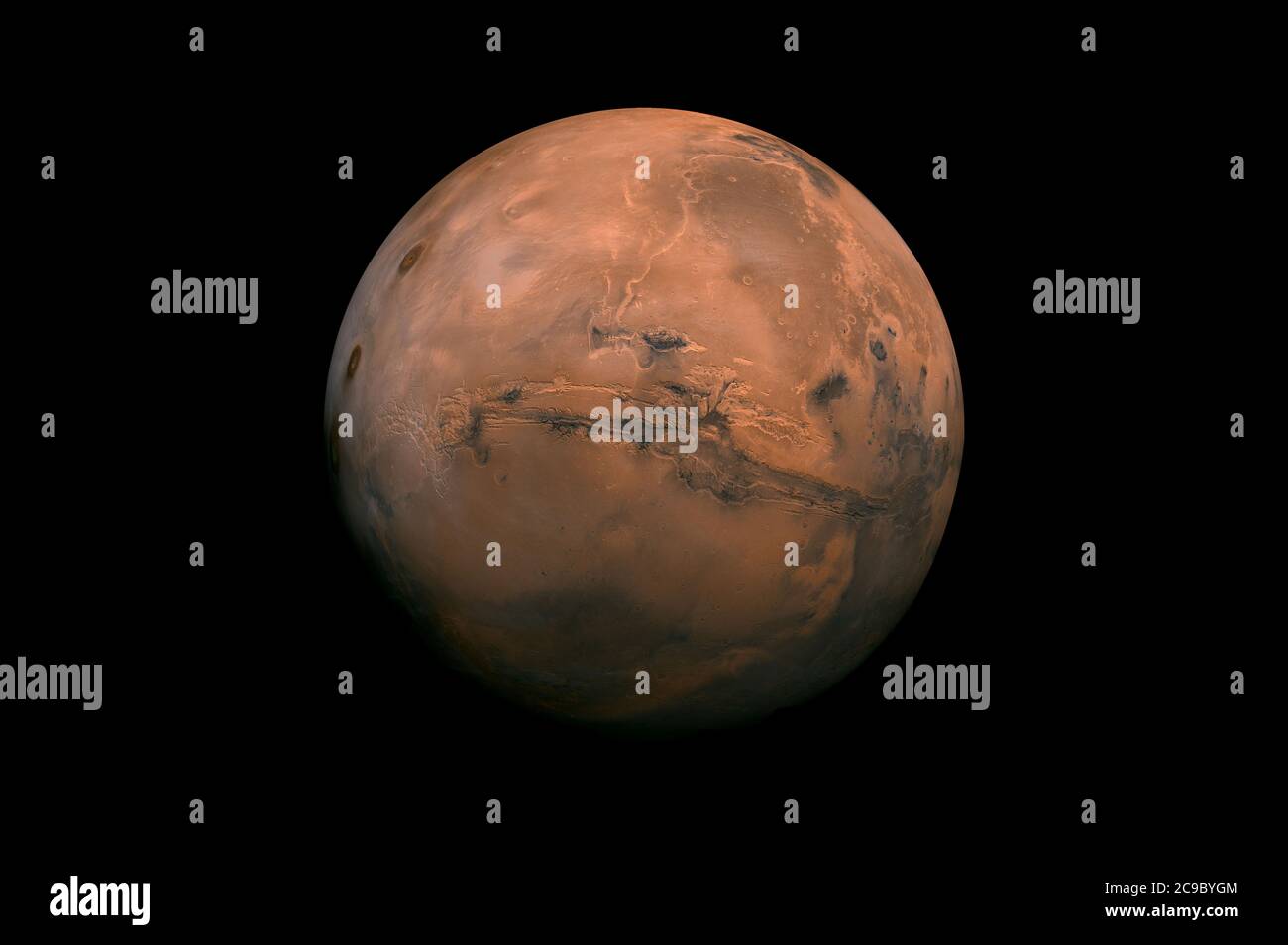 MARS, SOL-SYSTEM - 1970er - Dieses Mosaik besteht aus 102 Viking Orbiter-Bildern des Mars. Die Mitte der Szene (lat -8, lang 78) zeigt die gesamte VA Stockfoto