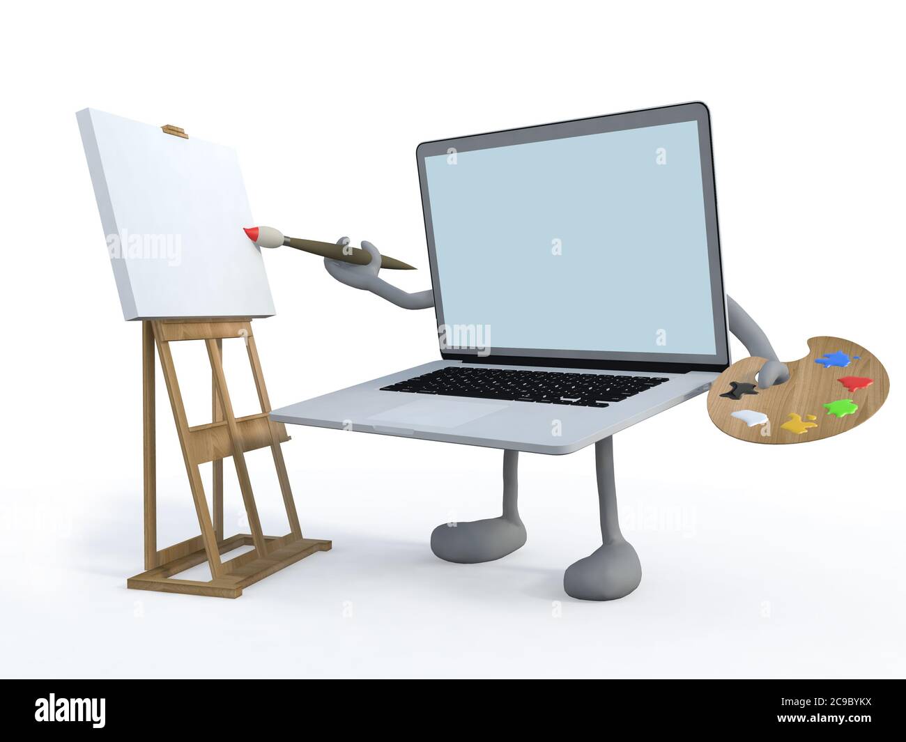 Notizbuch mit Arm und Beinen Maler mit Pinsel und Staffelei, 3d-Illustration Stockfoto