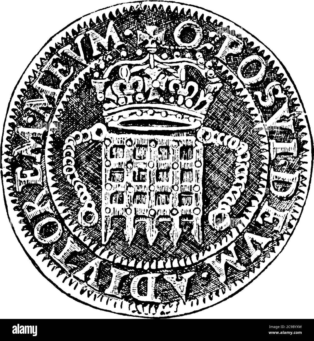 Eine typische Darstellung der Münze geprägt in der Regierungszeit von Königin Elizabeth, eingebettet mit einem Bild, das Krone und hat einige Schriften darauf, vintage l Stock Vektor