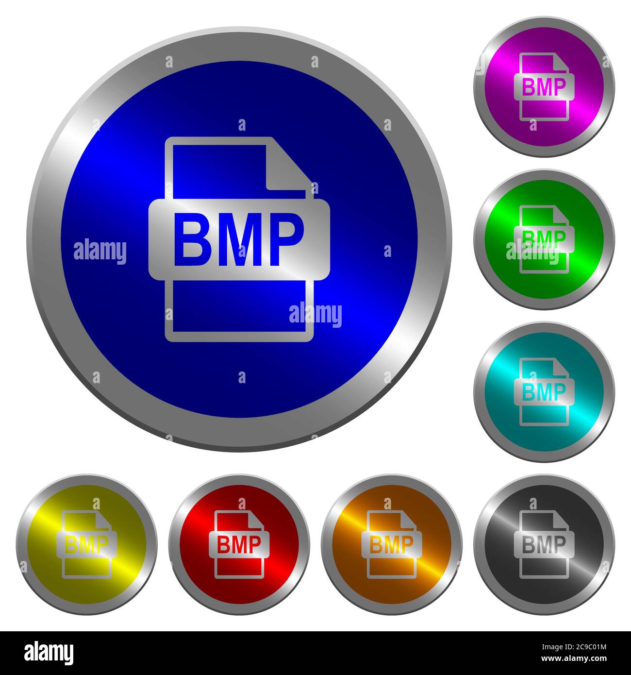 BMP-Dateiformatsymbole auf runden, leuchtenden, münzähnlichen farbigen Stahlknöpfen Stock Vektor