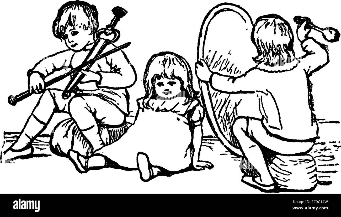 Eine typische Darstellung einer Gruppe von kleinen Kindern, die Spaß haben und Musikinstrumente spielen, Vintage-Linienzeichnung oder Gravur Illustration. Stock Vektor