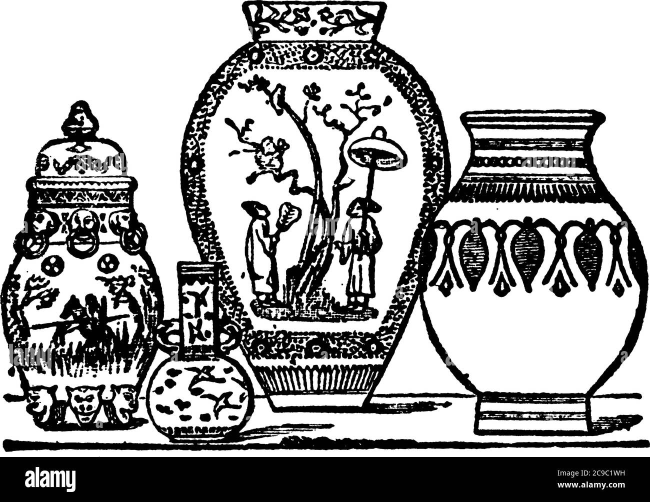 Eine Vase ist ein Gefäß aus verschiedenen Formen und Materialien, angewendet auf die Zwecke des häuslichen Lebens, Opfergaben, vor allem ornamentalen Charakter und d Stock Vektor