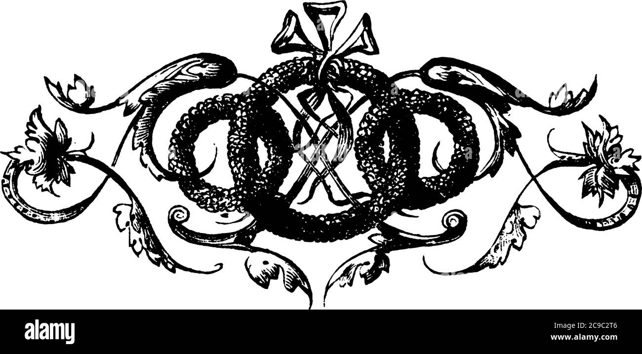 Ein Doodad mit Kränzen und wiederholten Mustern und ausgefallenen Designs, Vintage-Linienzeichnung oder Gravurillustration. Stock Vektor