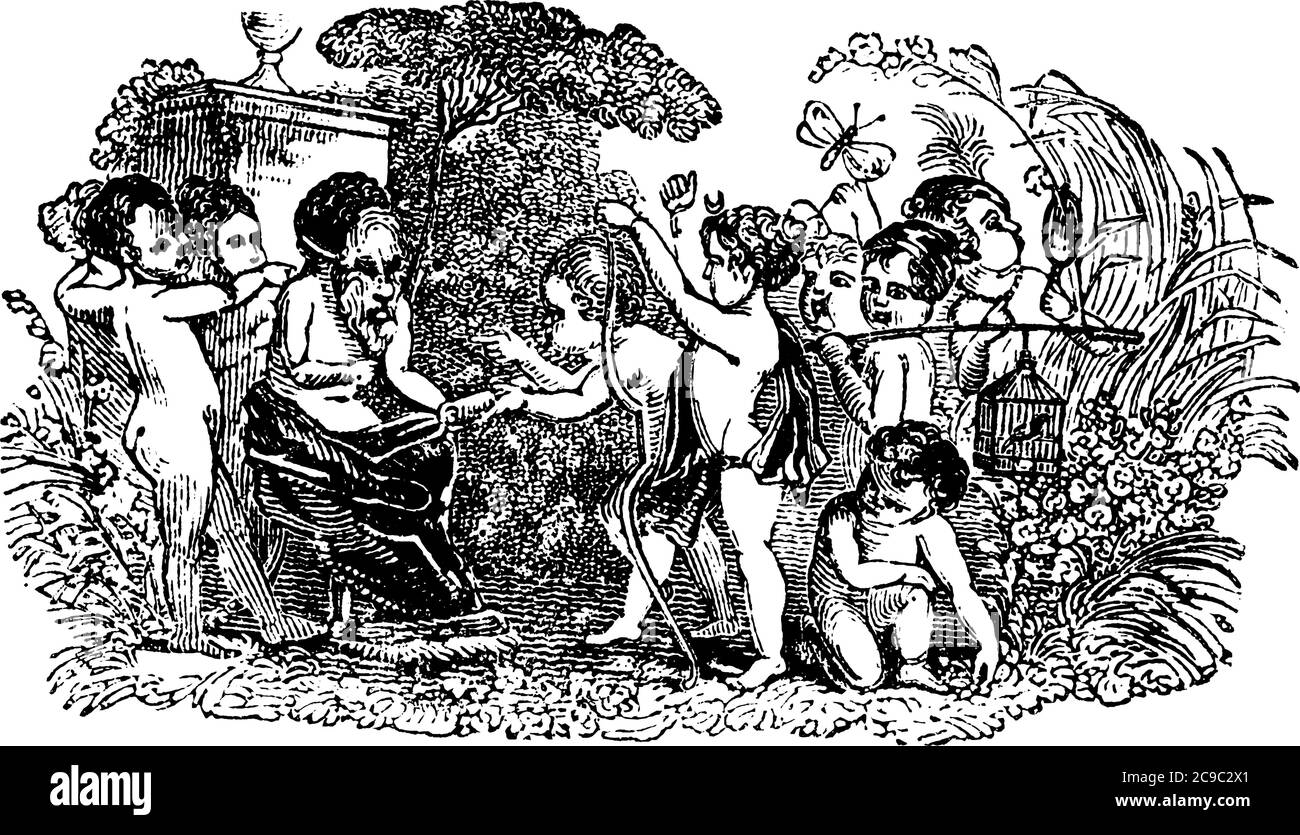 Eine Waldlandschaft, mit vielen Kindern spielen, vintage Linie Zeichnung oder Gravur Illustration. Stock Vektor