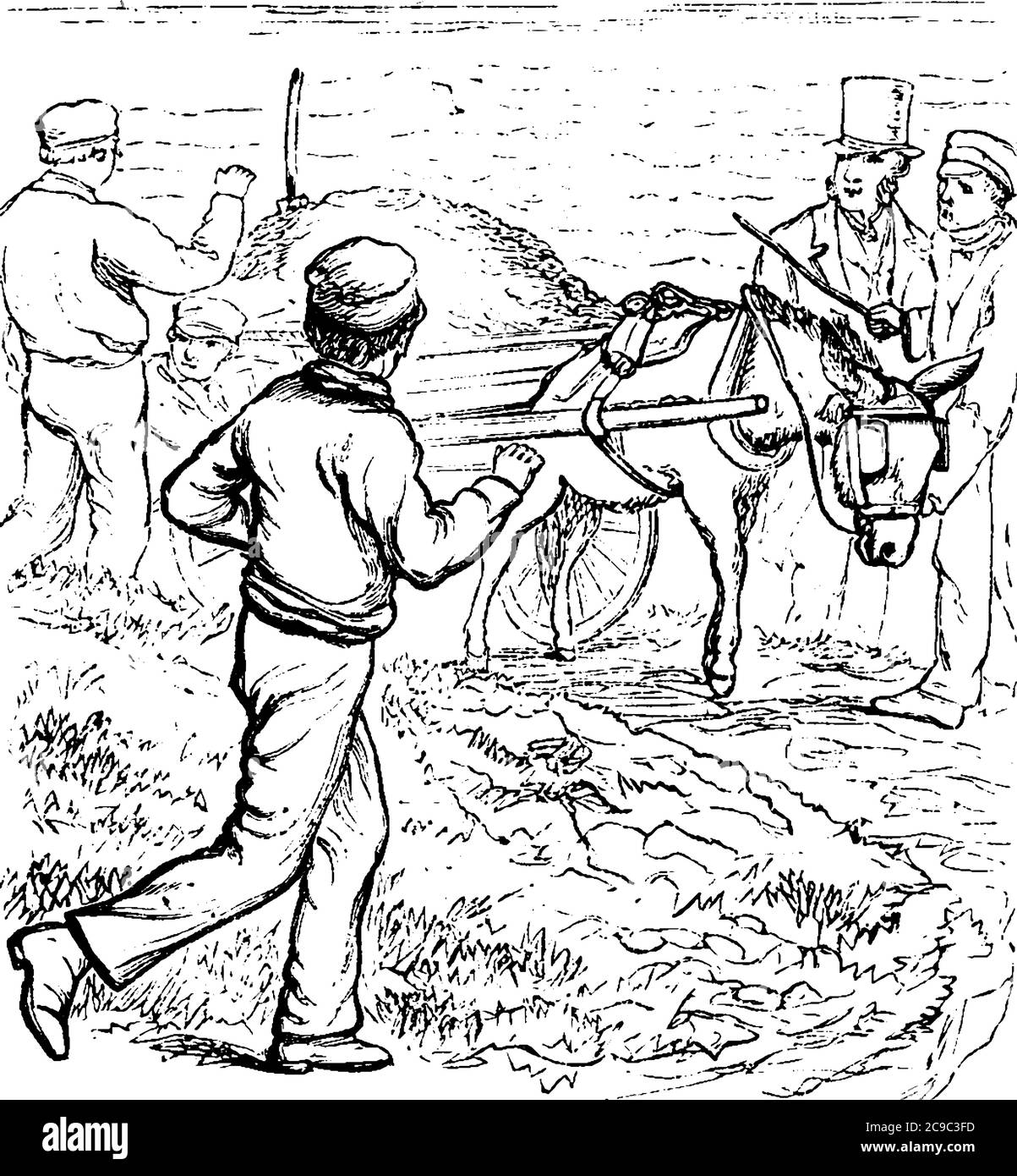 Fünf Männer auf einem Feld, mit einem Esel zu pflügen ihre Farm, vintage Linie Zeichnung oder Gravur Illustration. Stock Vektor