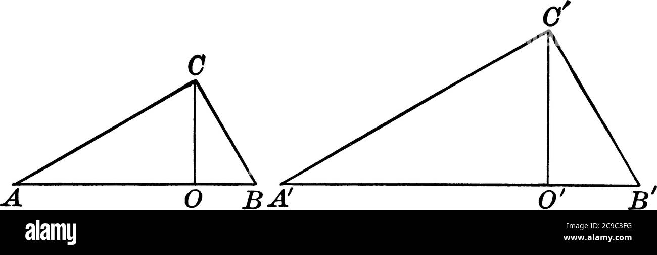 Zwei ähnliche Dreiecke mit Höhen gezeichnet, vintage Linie Zeichnung oder Gravur Illustration. Stock Vektor