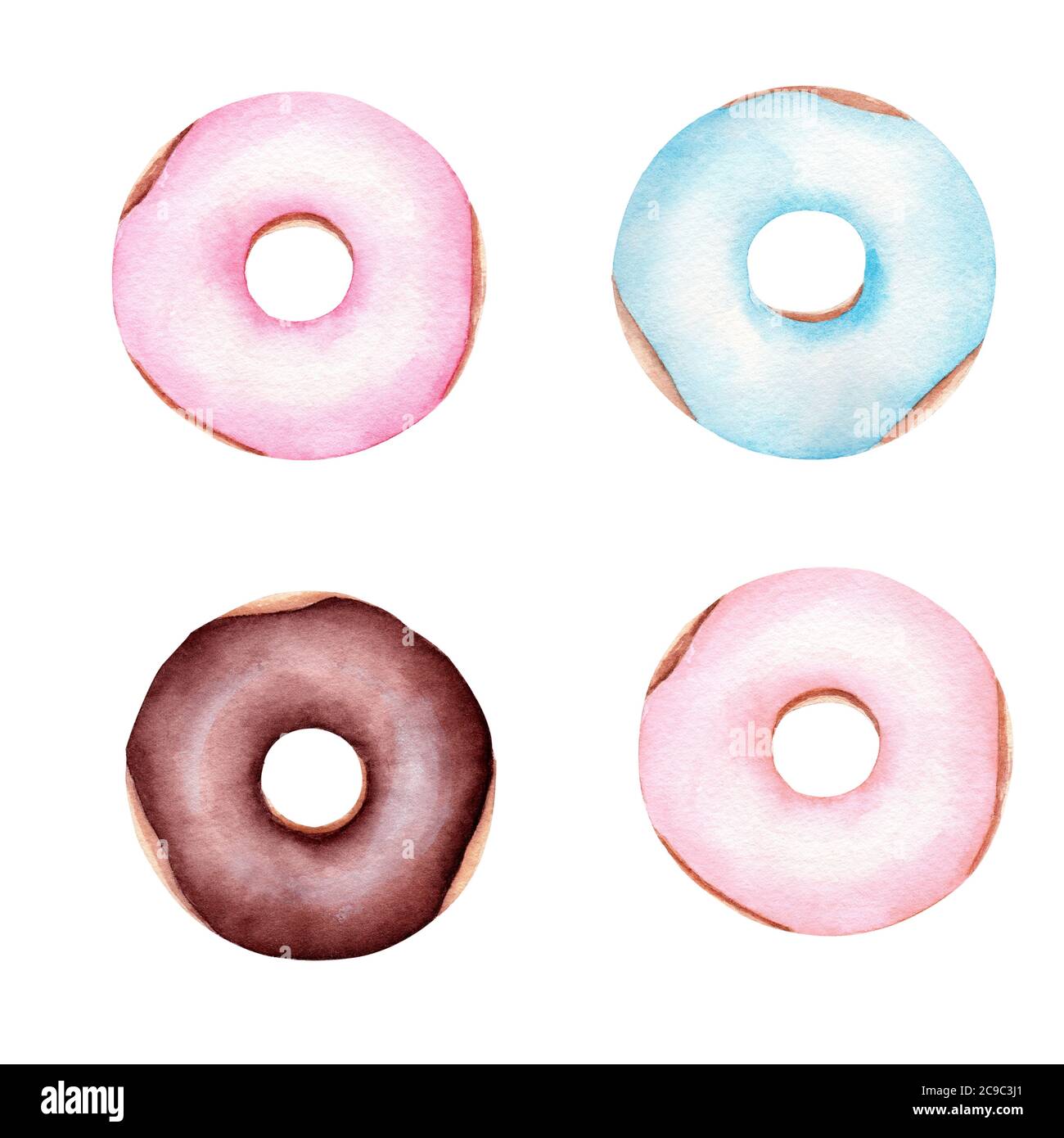 Aquarell Donuts Clipart. Handgezeichnete Dessert-Illustration isoliert auf weißem Hintergrund. Design für Stoff, Verpackung, Textil, Scrapbooking, Poster, Stockfoto