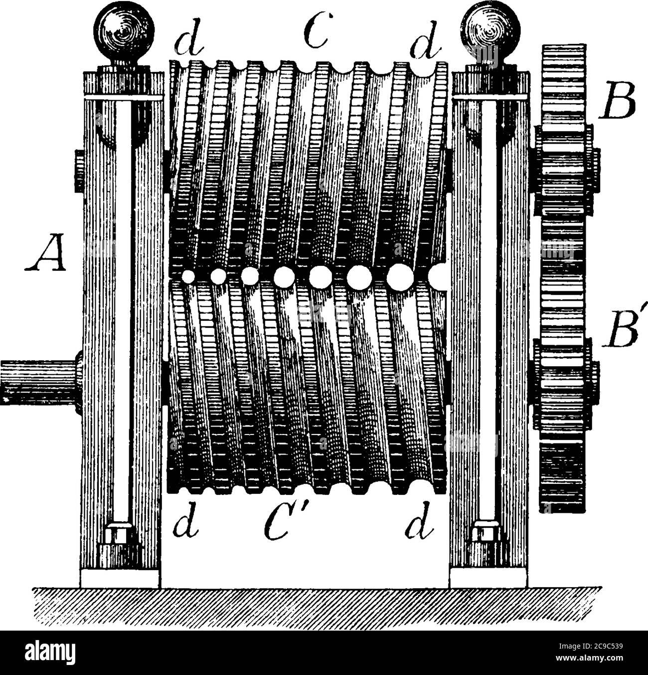 Ein Spiralroller, ein rollendes Paar von Zylindern, durch die Metall durchläuft wird, um Stäbe, Platten oder Bleche zu bilden, Vintage-Linienzeichnung oder Gravur illustraa Stock Vektor