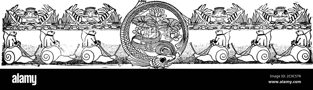 Ein Bild, in dem viele Frösche und Schnecken gezeichnet werden, Vintage-Linienzeichnung oder Gravurillustration. Stock Vektor