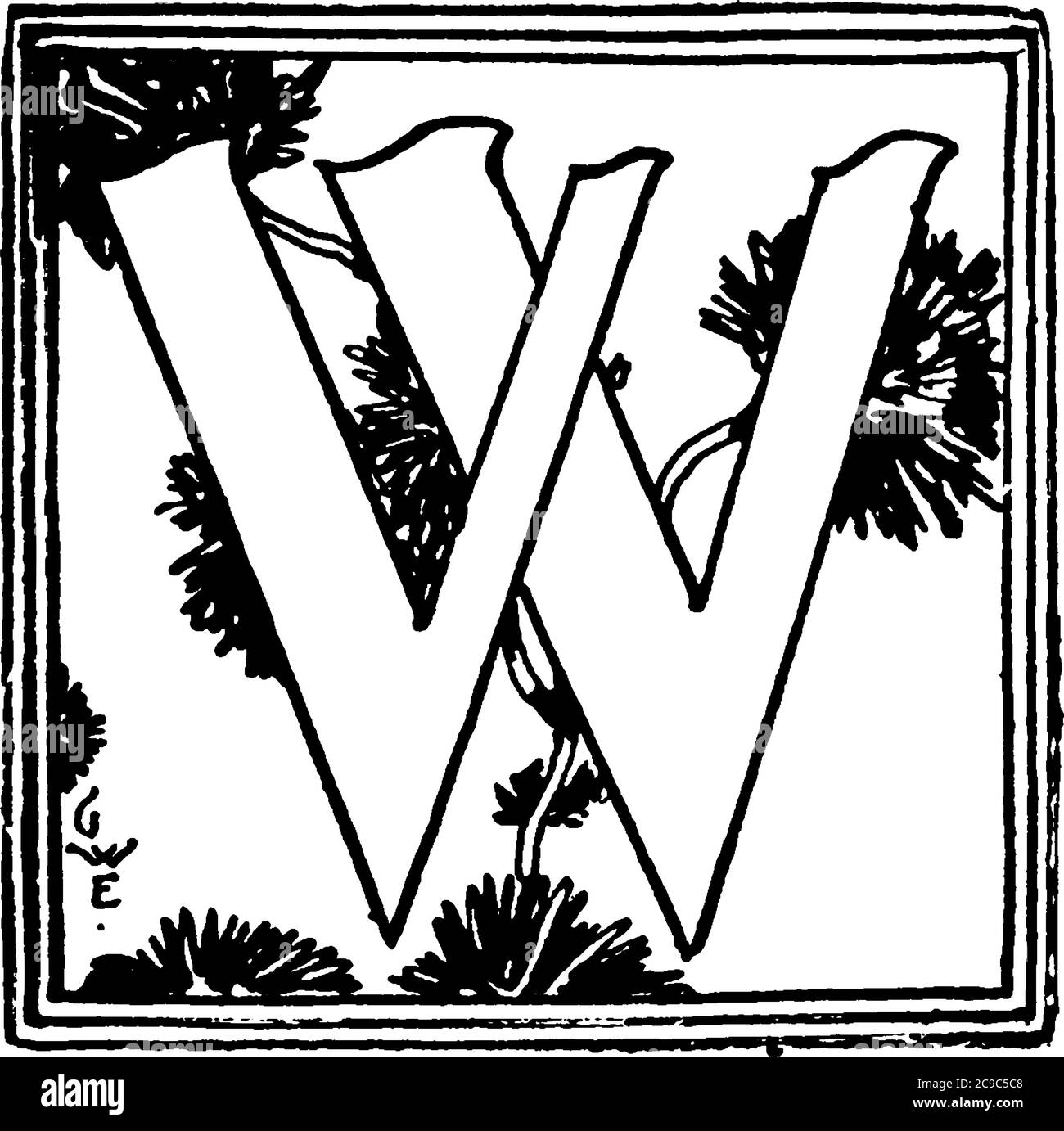 Eine typische Darstellung eines Alphabets 'Capital-W', in der Mitte von wiederholten ausgefallenen Designs und Dekorationen umgeben platziert, Vintage-Linie Zeichnung o Stock Vektor
