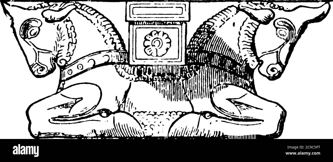 Eine Säule der Großen Halle von Xerxes mit 2 Seiten Pferdeköpfe auf der Oberseite, Vintage-Linie Zeichnung oder Gravur Illustration. Stock Vektor