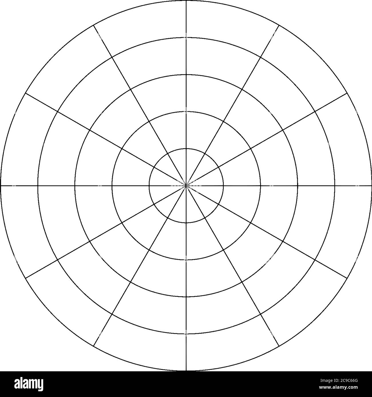 Ein Polardiagramm mit 5 konzentrischen Kreisen, die Radius zeigen und in Abschnitte von 30 Grad (nicht beschriftet) unterteilt sind, Vintage-Linienzeichnung oder Gravur i Stock Vektor