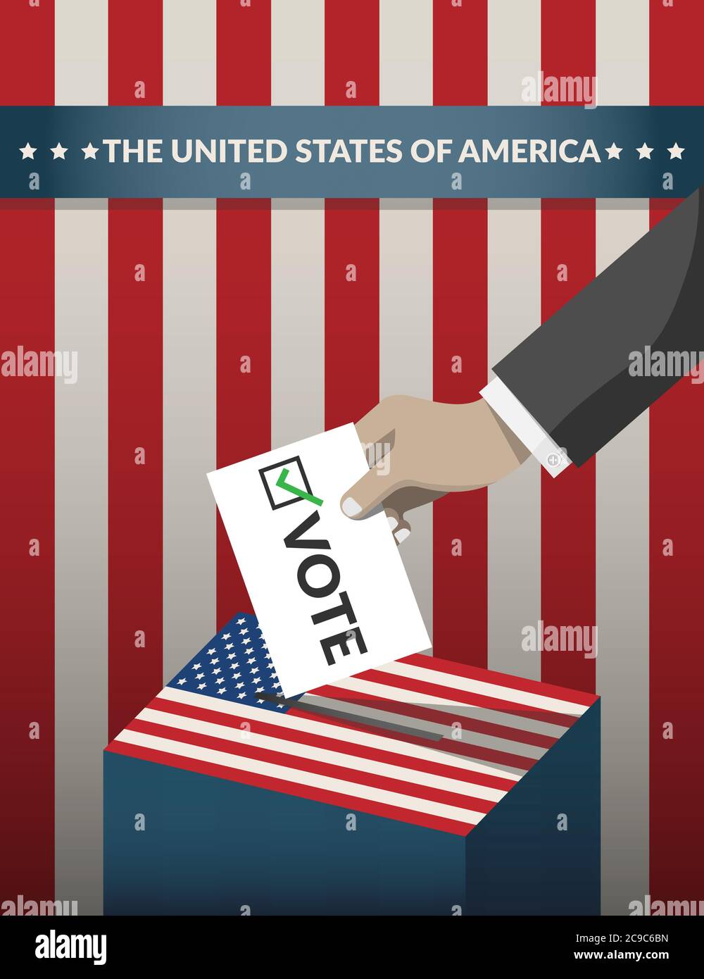 US-Präsidentschaftswahl 2020 Wahlkampfplakat. Hand Putting Stimmzettel Papierkarte in der Wahlurne mit amerikanischen Flagge Muster auf Hintergrund. Stock Vektor