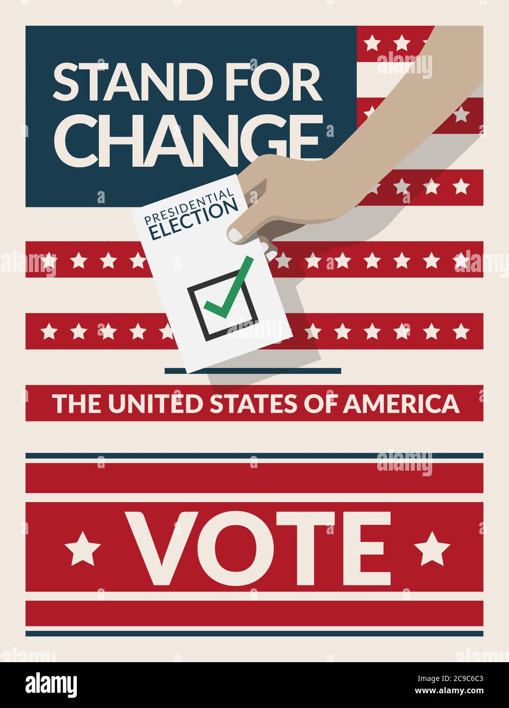 US Präsidentschaftswahl 2020 Kampagne Plakat Banner. Hand Putting Stimmzettel Papierkarte in der Wahlurne mit Slogan stehen für Veränderung. Stock Vektor