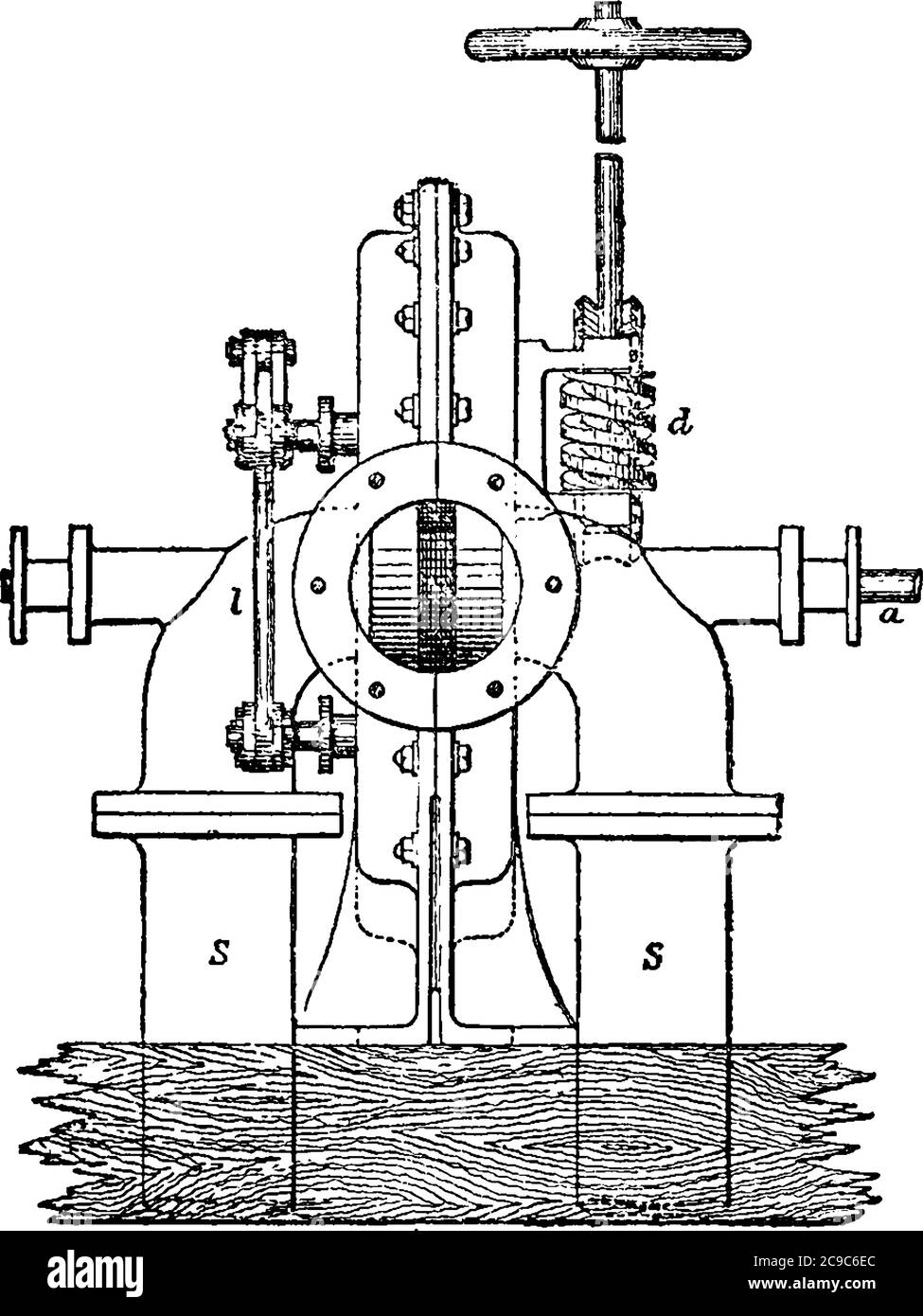 Reaktionsturbine, die bei der Stromerzeugung verwendet wird, wird der Betrieb von ihm durch Newtons drittes Gesetz der Bewegung, Vintage-Linienzeichnung oder Gravur beschrieben Stock Vektor