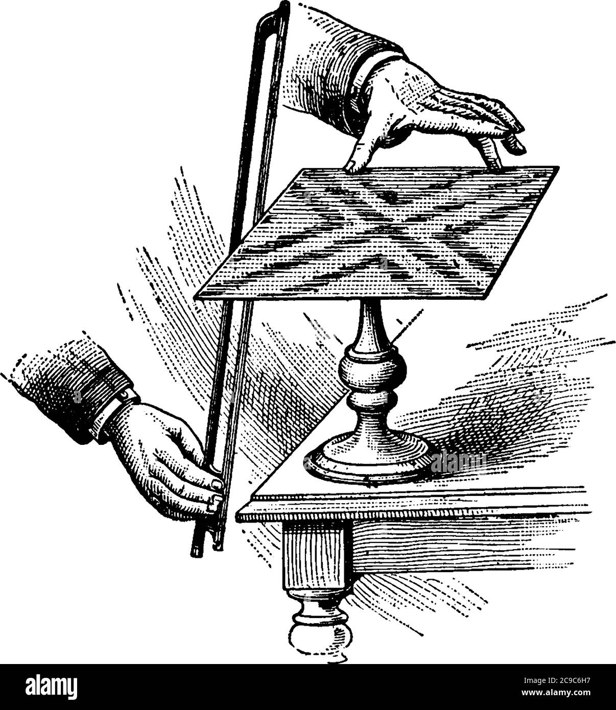 Ein experimentelles Set-up, in dem der Sand sofort auf der Platte zu tanzen beginnt und sich entlang knodaler Linien anordnet. Durch Variation der Knotenpunkte an Stock Vektor