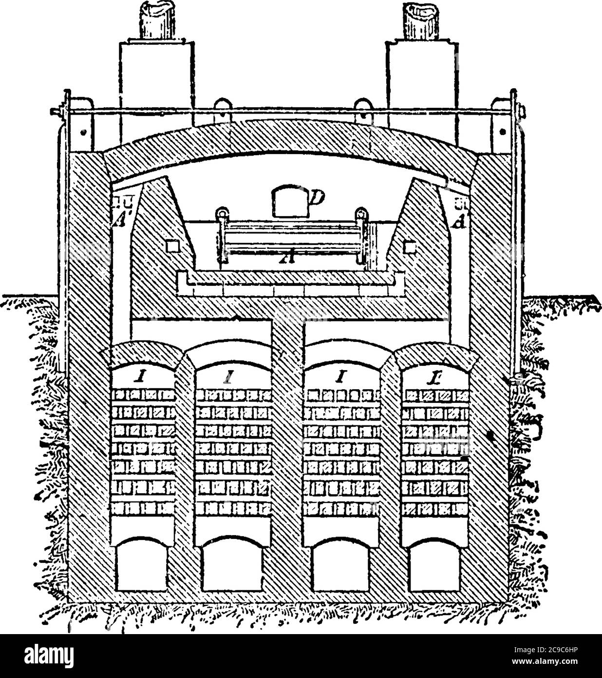 Eine typische Darstellung von Siemens durchgehendem Tankofen, der im Allgemeinen für Hochtemperaturheizung, Vintage-Linienzeichnung oder Gravur i verwendet wird Stock Vektor