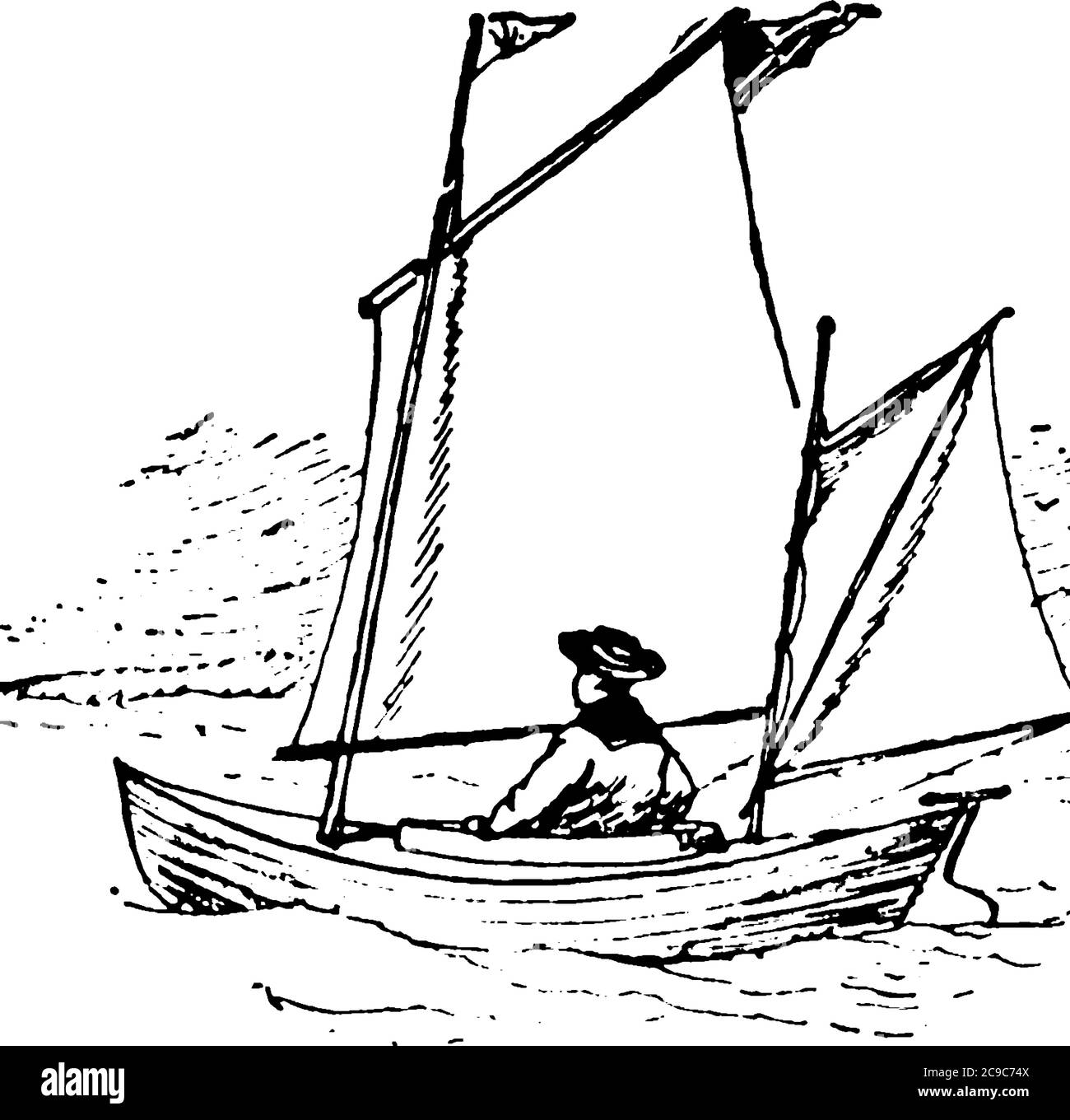 Mann Kanufahren auf einem kleinen Fluss, vintage Linie Zeichnung oder Gravur Illustration. Stock Vektor