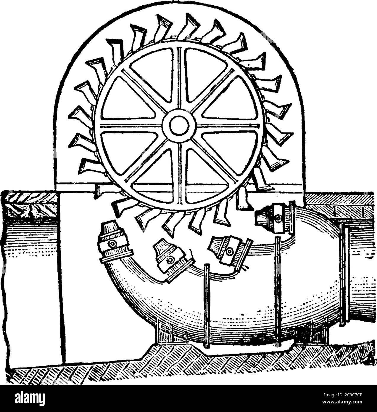 Turbine wurde von Fourneyron im Jahr 1823 erfunden, jetzt im Allgemeinen auf jedes Rad durch Wasser entweichen durch kleine Öffnungen unter solchen Pressur angetrieben angewendet Stock Vektor
