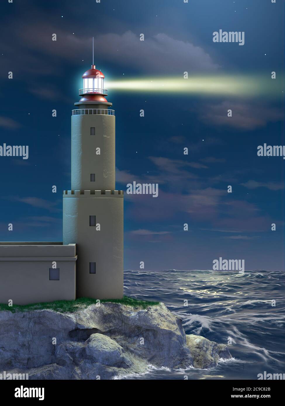 Leuchtturm bei Nacht über einer dramatischen Seestraine. 3D-Illustration. Stockfoto